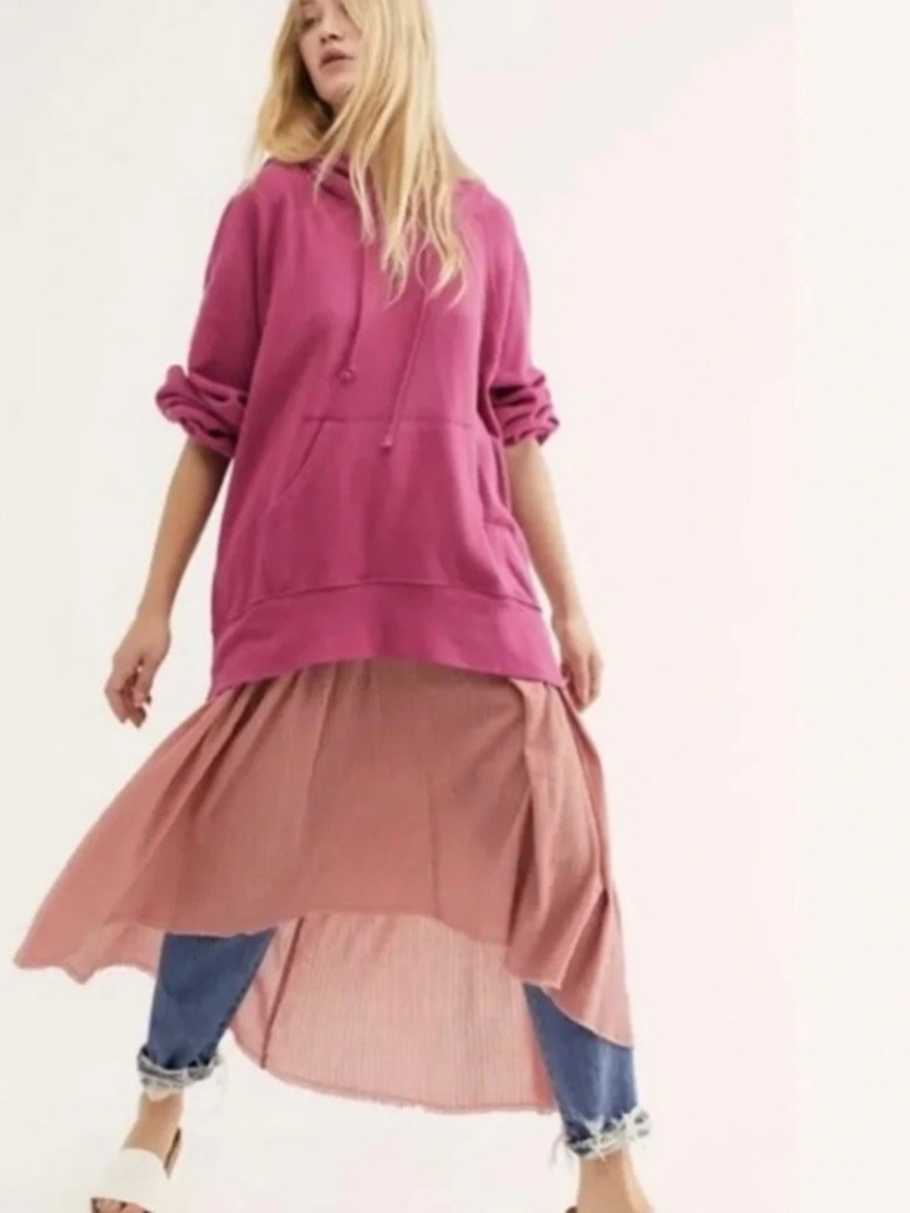 Free People S Magenta Hoodie Gauze Skirt Sweatshirt Midi Dress Boho FP